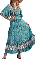 Boho Floral Maxi Dress V Neck Short Sleeve - Casual Summer Midi
