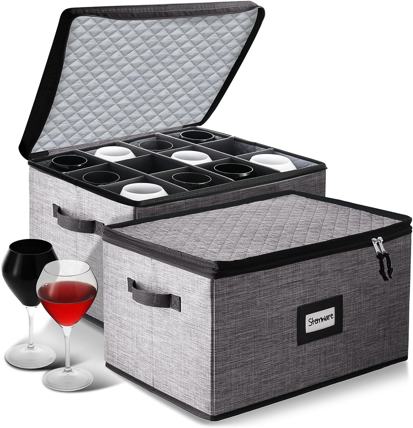 Wine Glass Storage Box with Dividers for Safe Stemware Storage