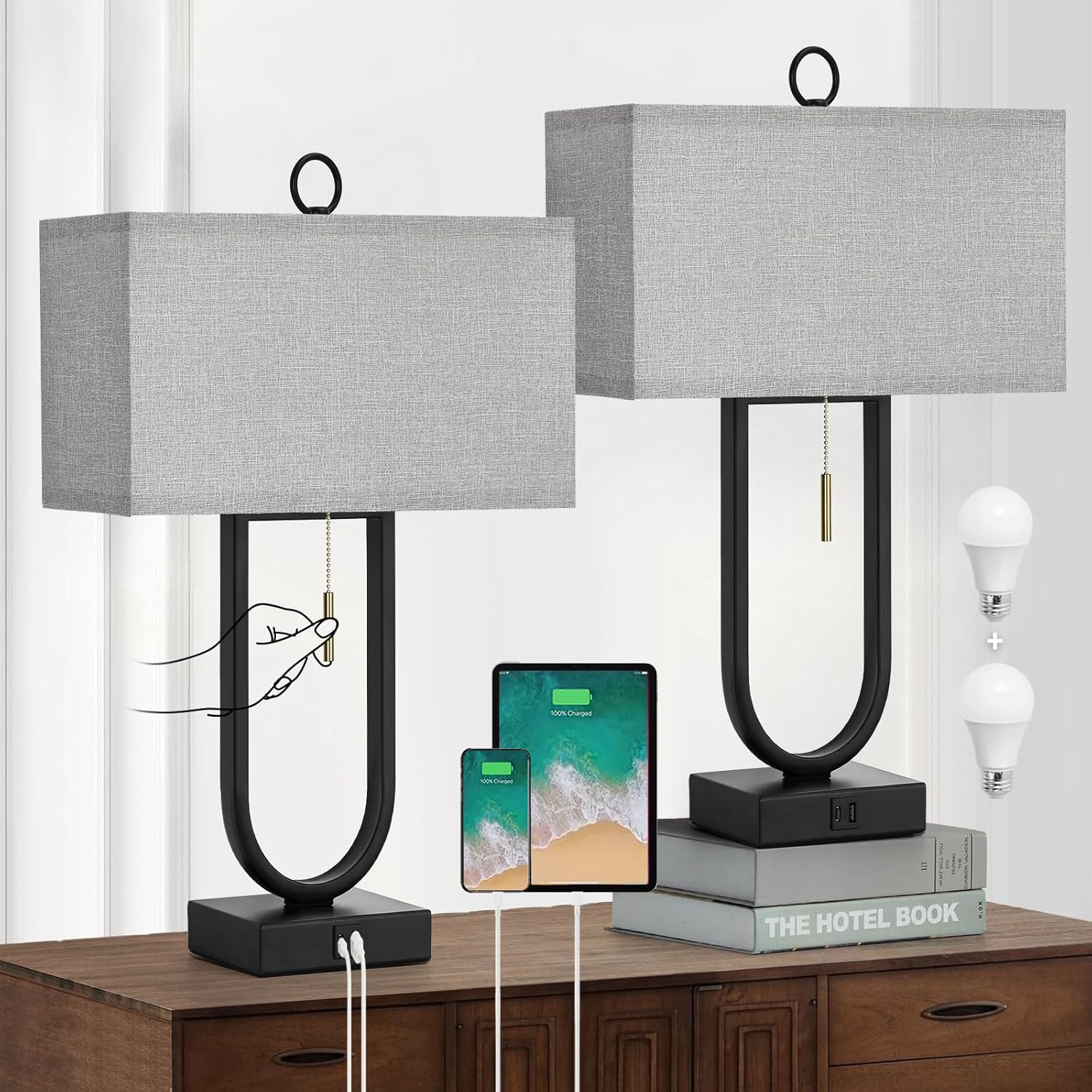 Luvkczc Nightstand Lamps Set of 2 with USB Ports for Modern Homes