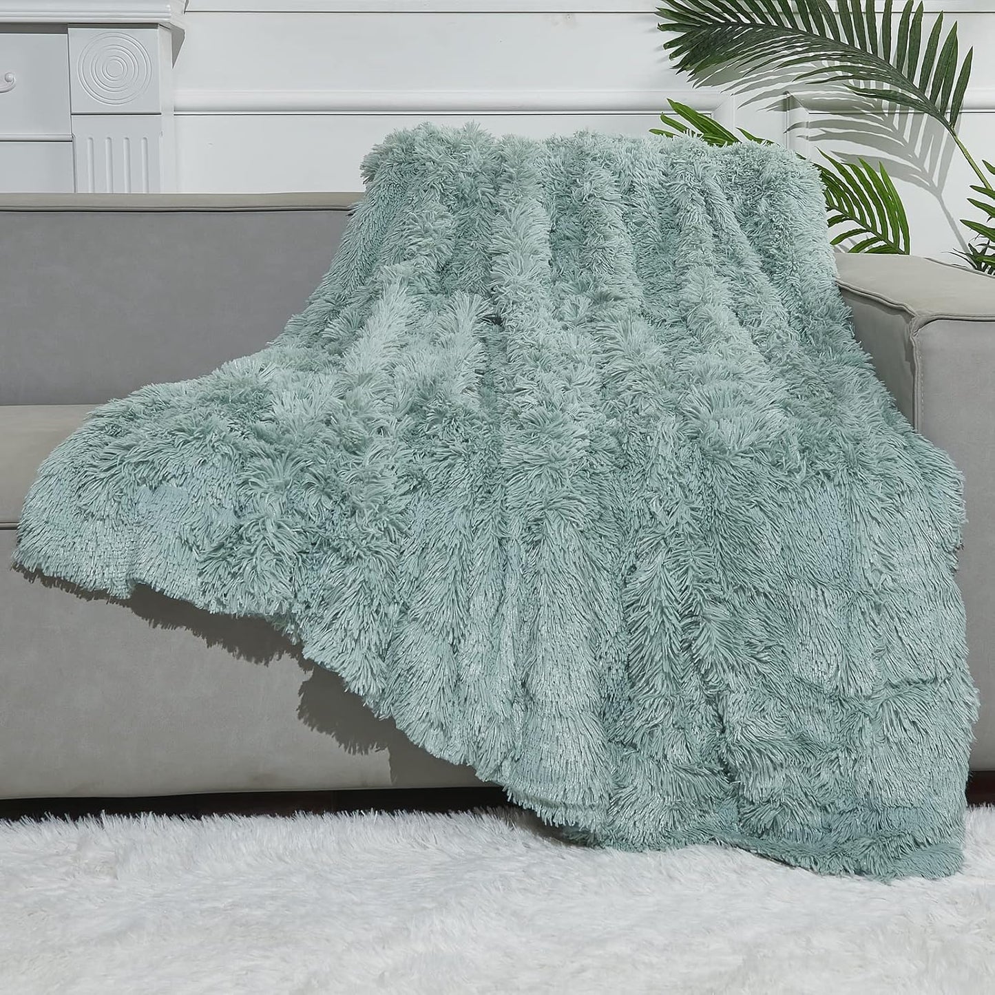 GONAAP Fuzzy Faux Fur Throw Blanket Twin Size Ice Blue Cozy Plush