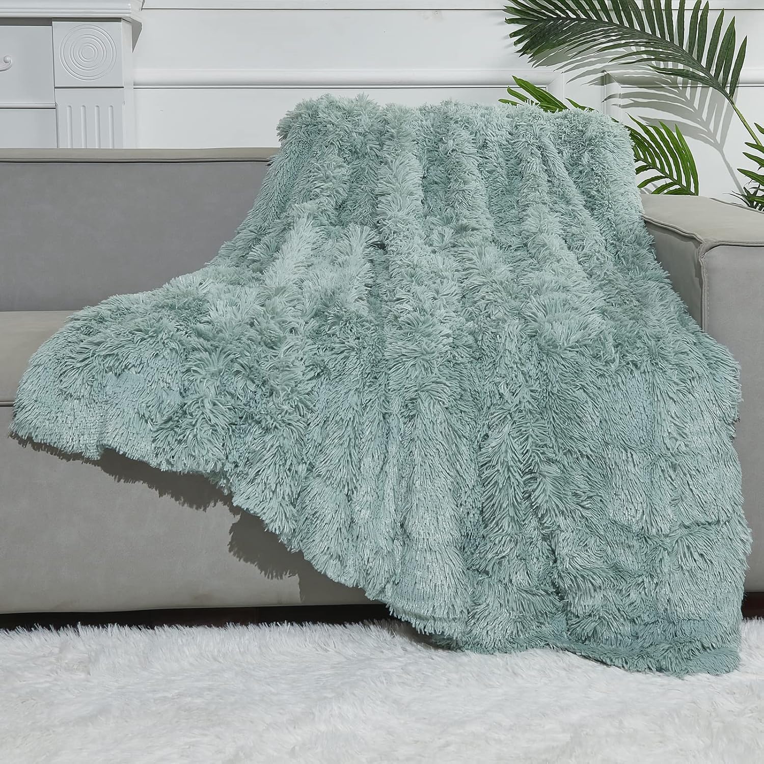 GONAAP Fuzzy Faux Fur Throw Blanket Twin Size Ice Blue Cozy Plush