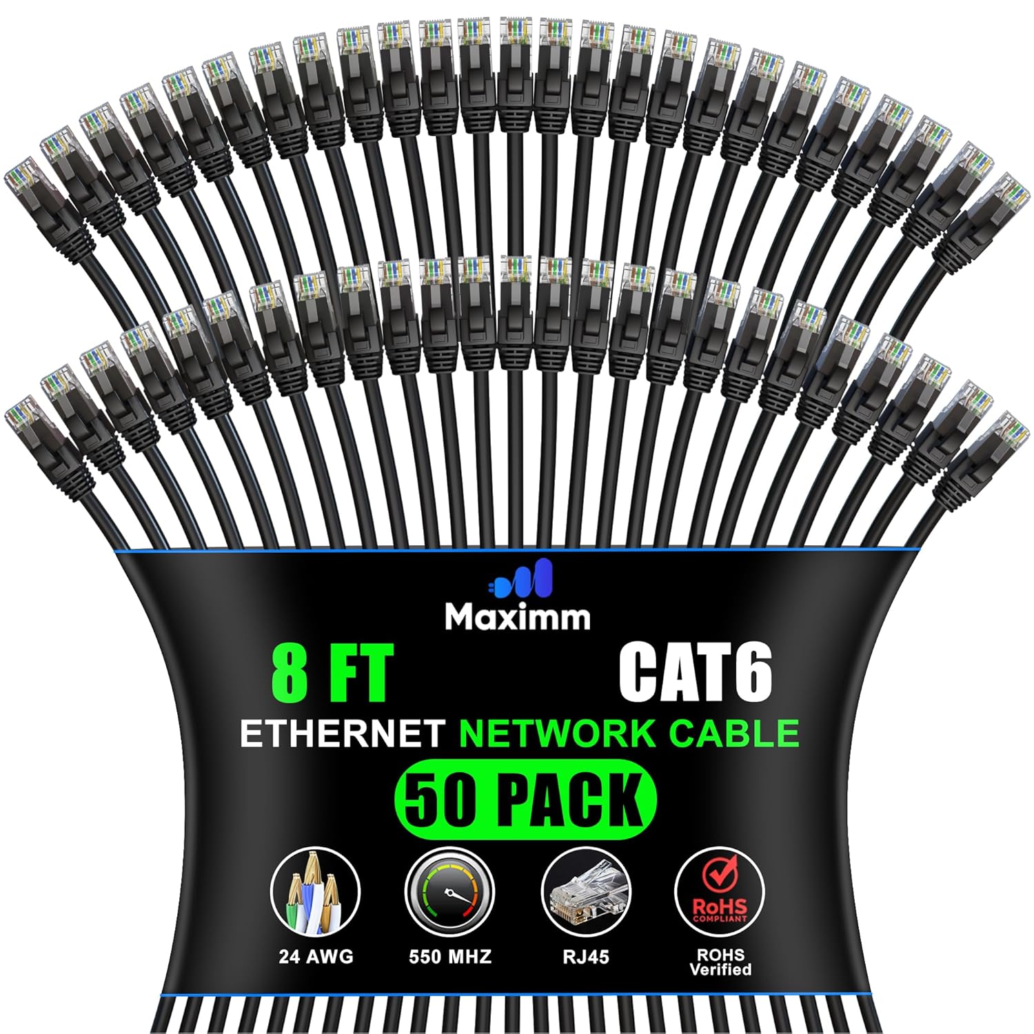 Maximm 8ft Cat 6 Ethernet Cable 50-Pack - High-Speed Networking