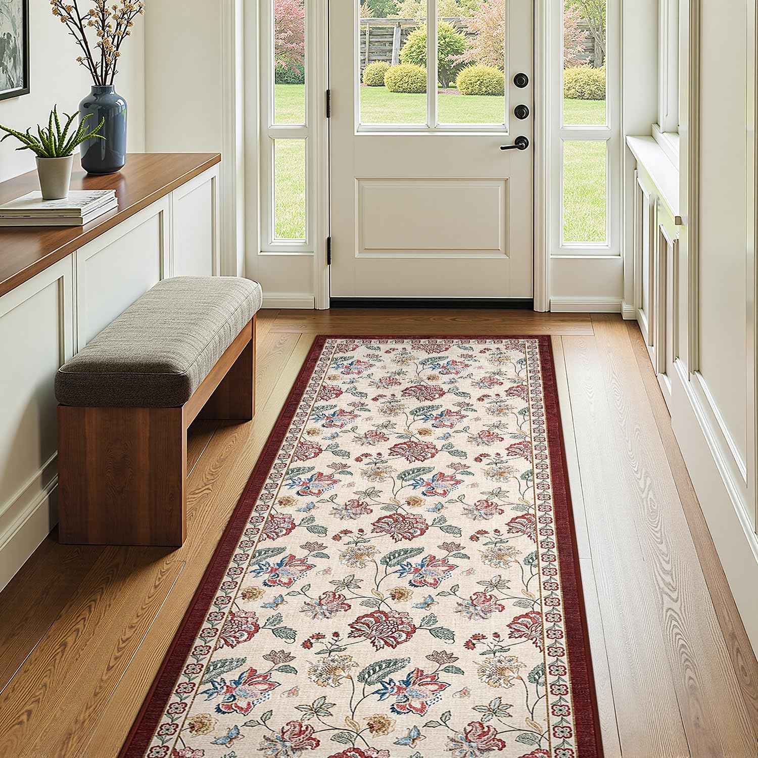 Floral Runner Rug for Hallway Washable Vintage Design Non Slip