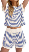 Stripe Knit 2 Piece Lounge Set for Women - Ribbed Short Sleeve Summer