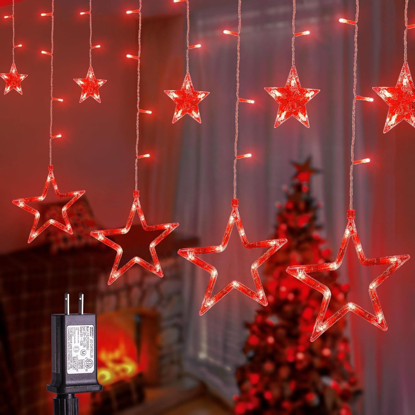 MYGOTO Red Star Icicle Lights:  8 Modes Memory Timer