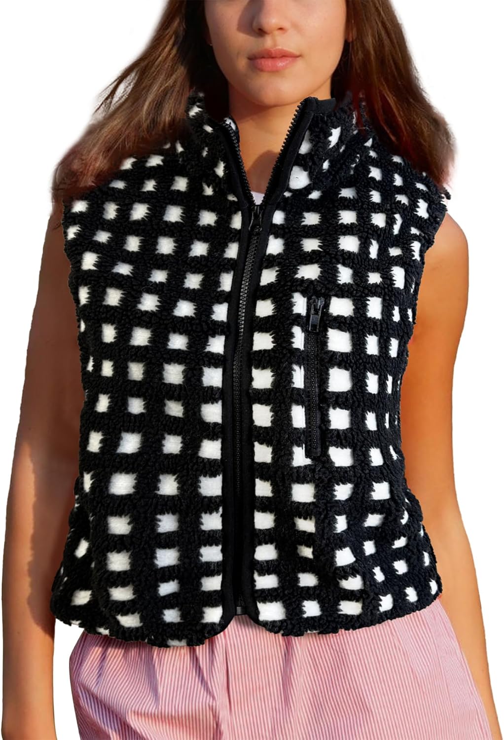 Colorful world Womens Checkered Sherpa Vest Fleece Jacket