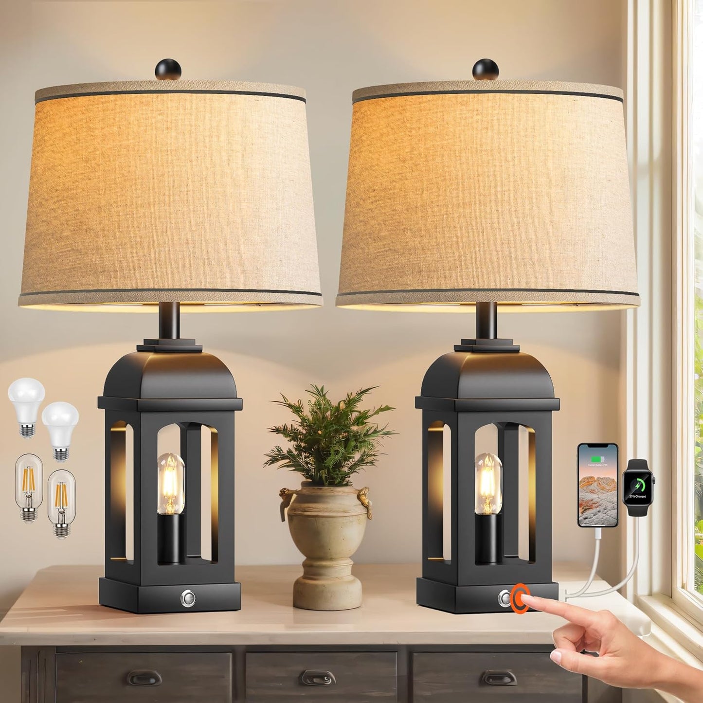 QiMH Rustic Table Lamp Set of 2 with USB Ports and Nightlight