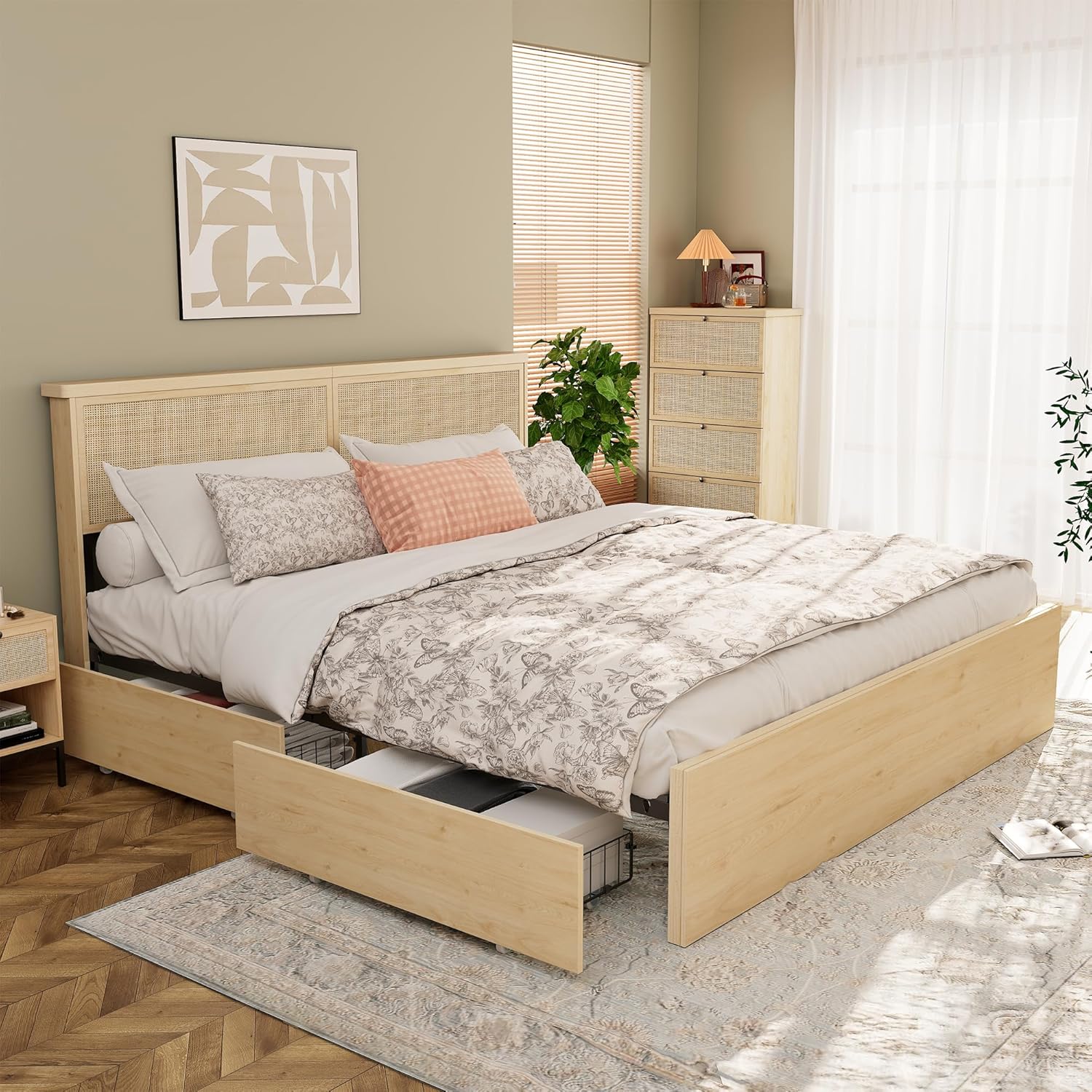 Yechen King Bed Frame with Rattan Headboard and Storage Drawers