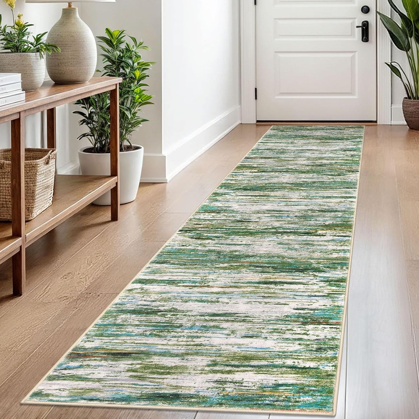 2x8 Green Grey Multi Modern Abstract Runner Rug for Hallways
