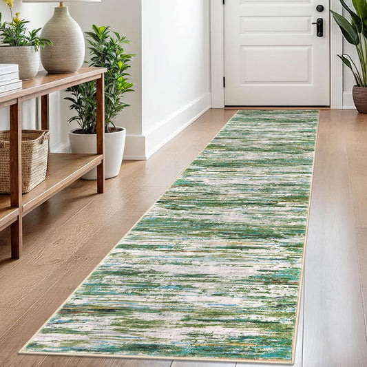 2x8 Green Grey Multi Modern Abstract Runner Rug for Hallways