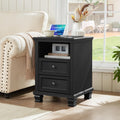 Farmhouse Side Table with Charging Station - Rustic Black Nightstand