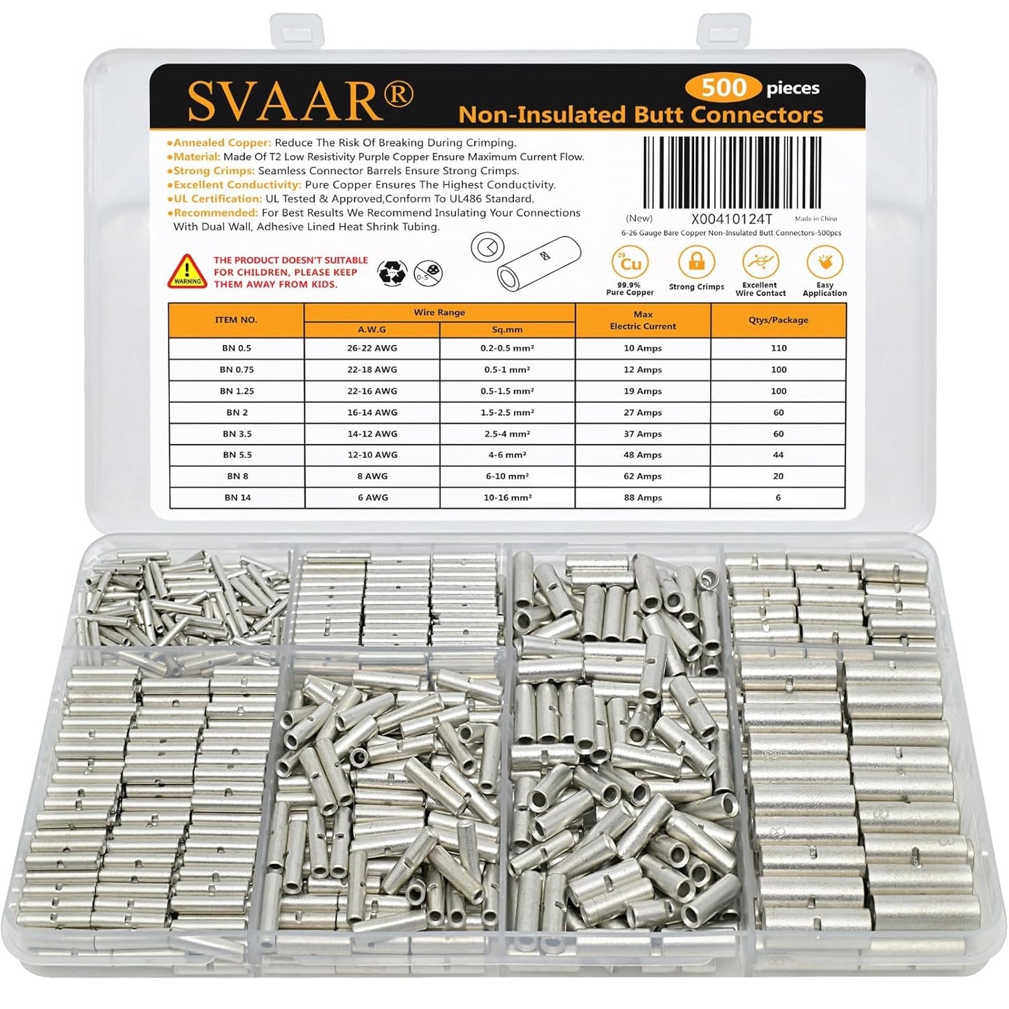 500PCS Non Insulated Butt Connectors for 6-26 Gauge Wiring