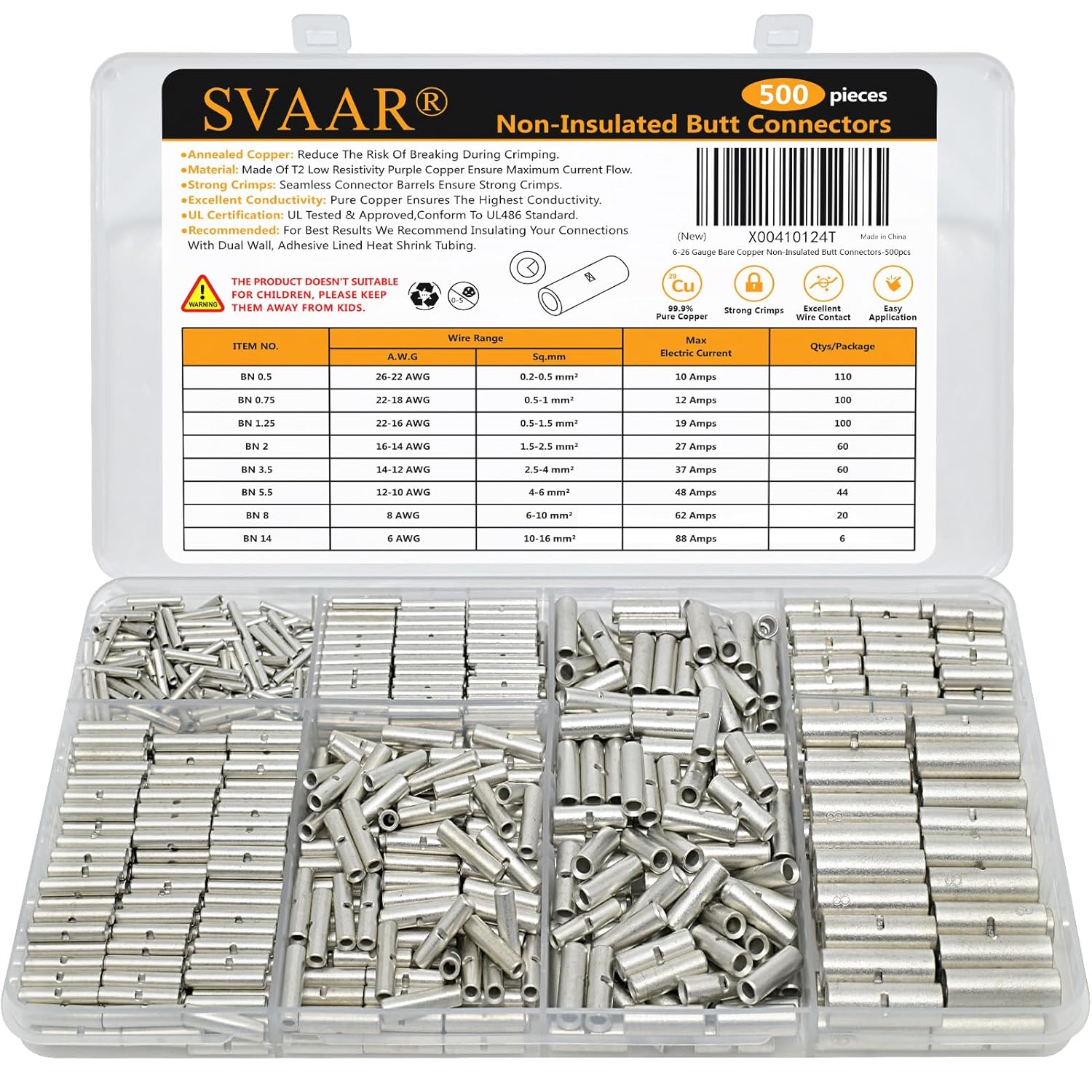 500PCS Non Insulated Butt Connectors for 6-26 Gauge Wiring