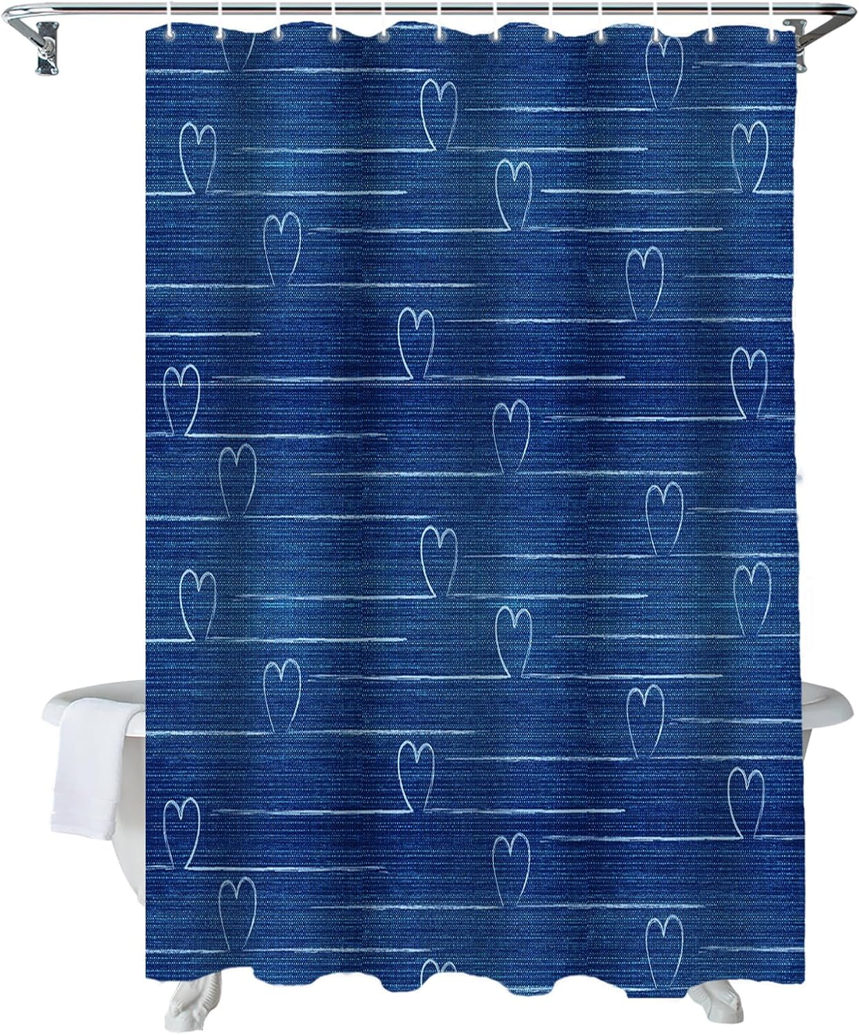 Valentine's Day Heart Shower Curtain Set - Waterproof Blue Denim Farmhouse Bath Decor