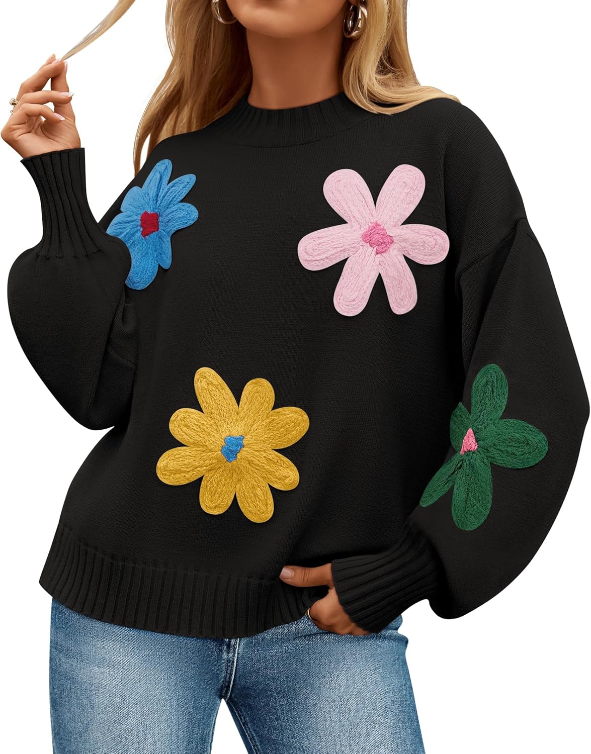 ZESICA Women's Long Puff Sleeve Sweater for Casual Style