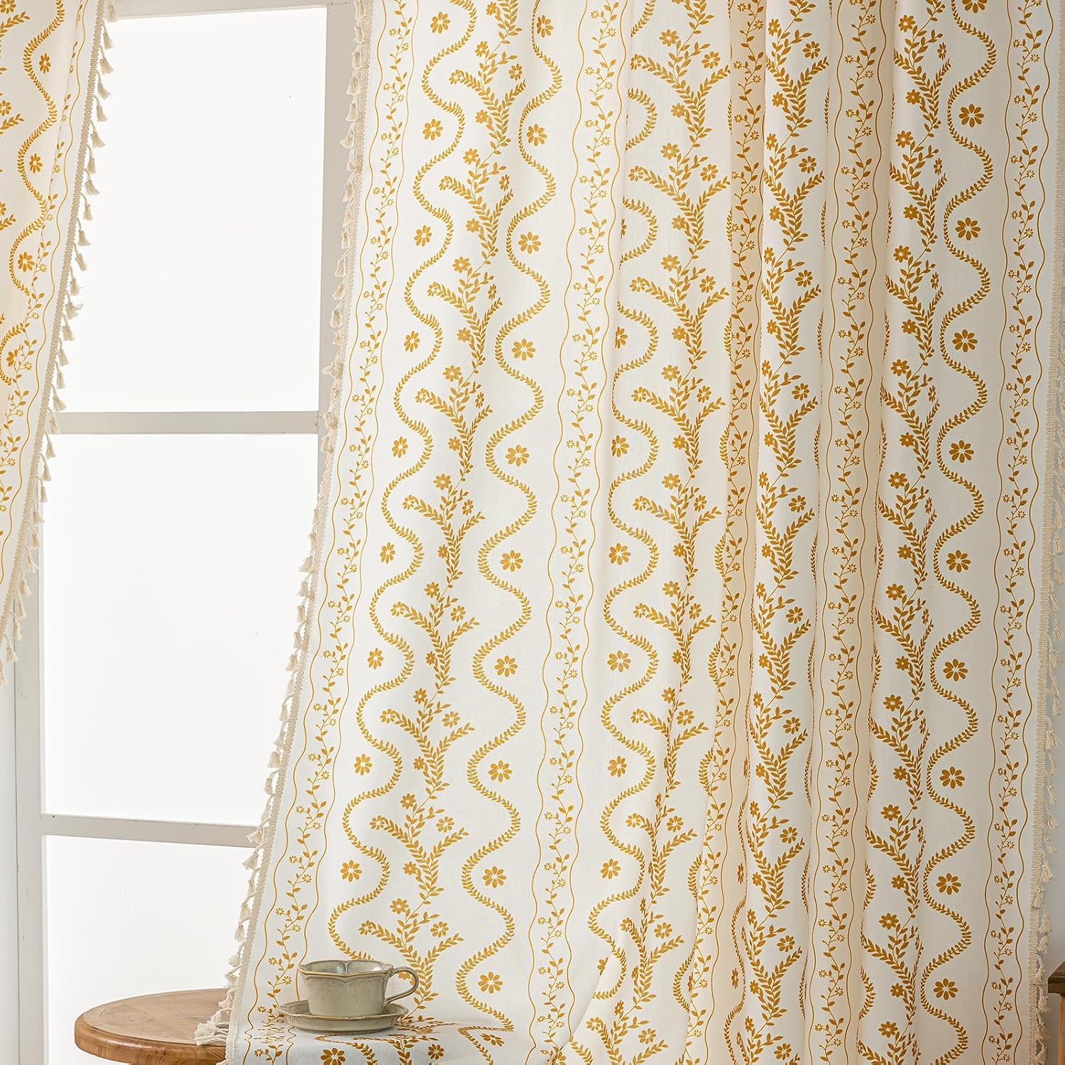Floral Curtains 63 Inch Long Golden Yellow Vine Patterned Drapes