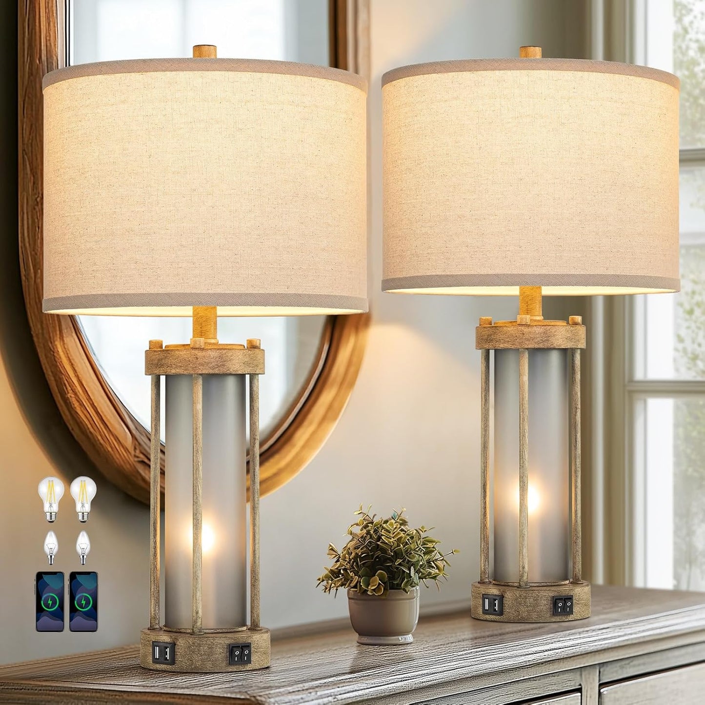Farmhouse Table Lamps Set of 2 with USB Ports for Bedrooms