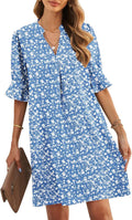 Womens V-Neck Ruffled Short Sleeve Shift Dress - Lightweight Summer as