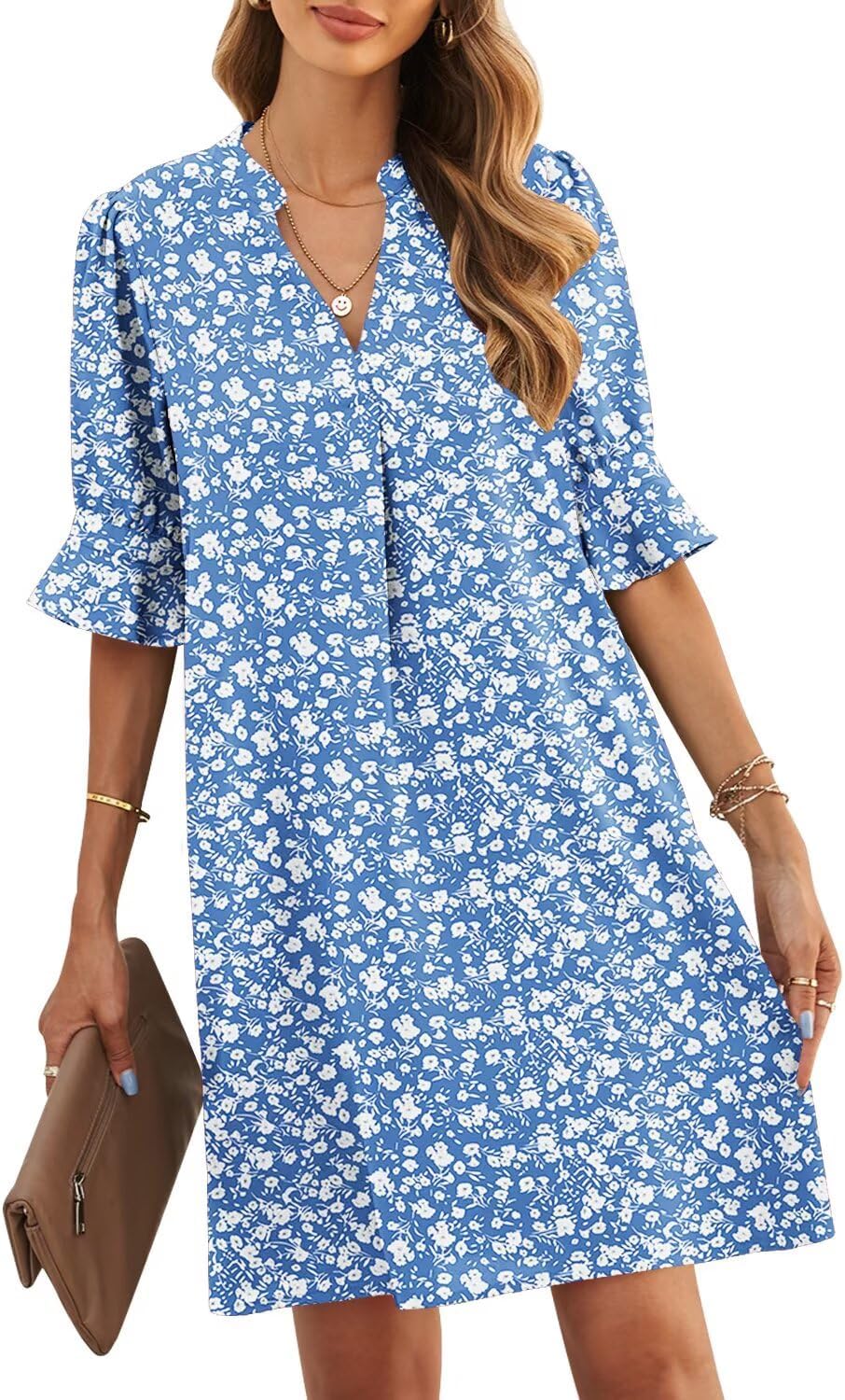 V-Neck Ruffled Short Sleeve Dress for Women by JOCAFIYE