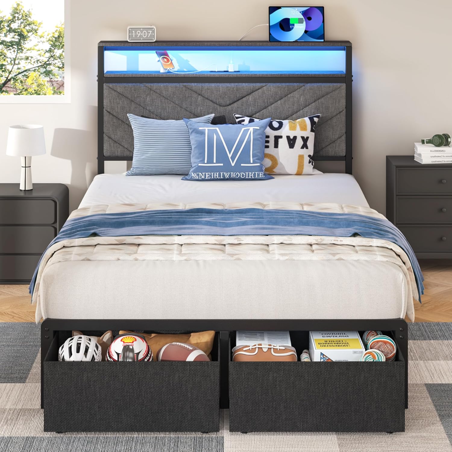 HISOFT Twin Bed Frame with Charging Station and LED Lights