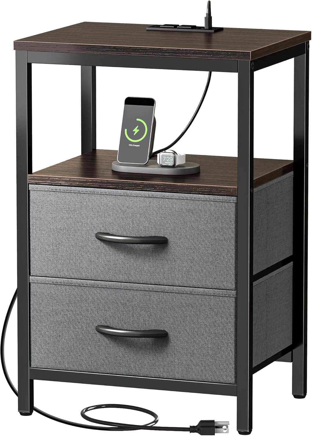 Huuger Nightstand with Charging Station and Fabric Drawers