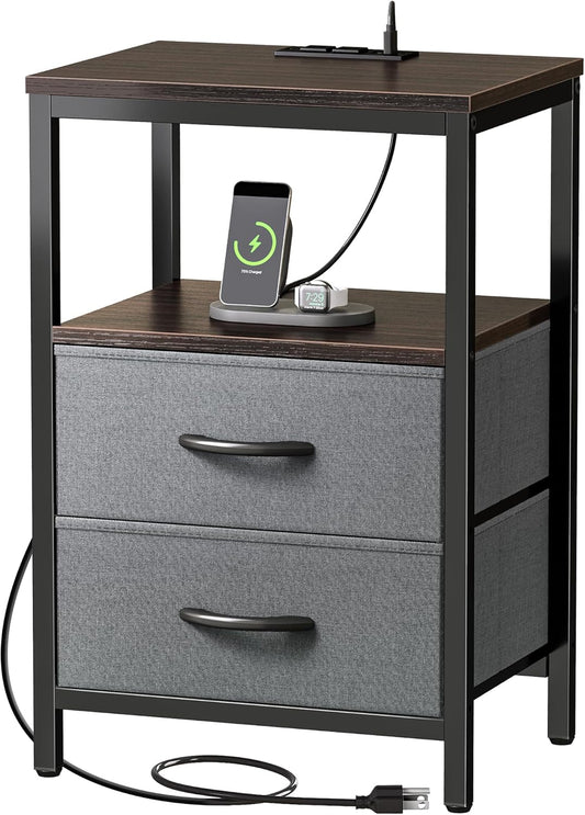 Huuger Nightstand with Charging Station and Fabric Drawers