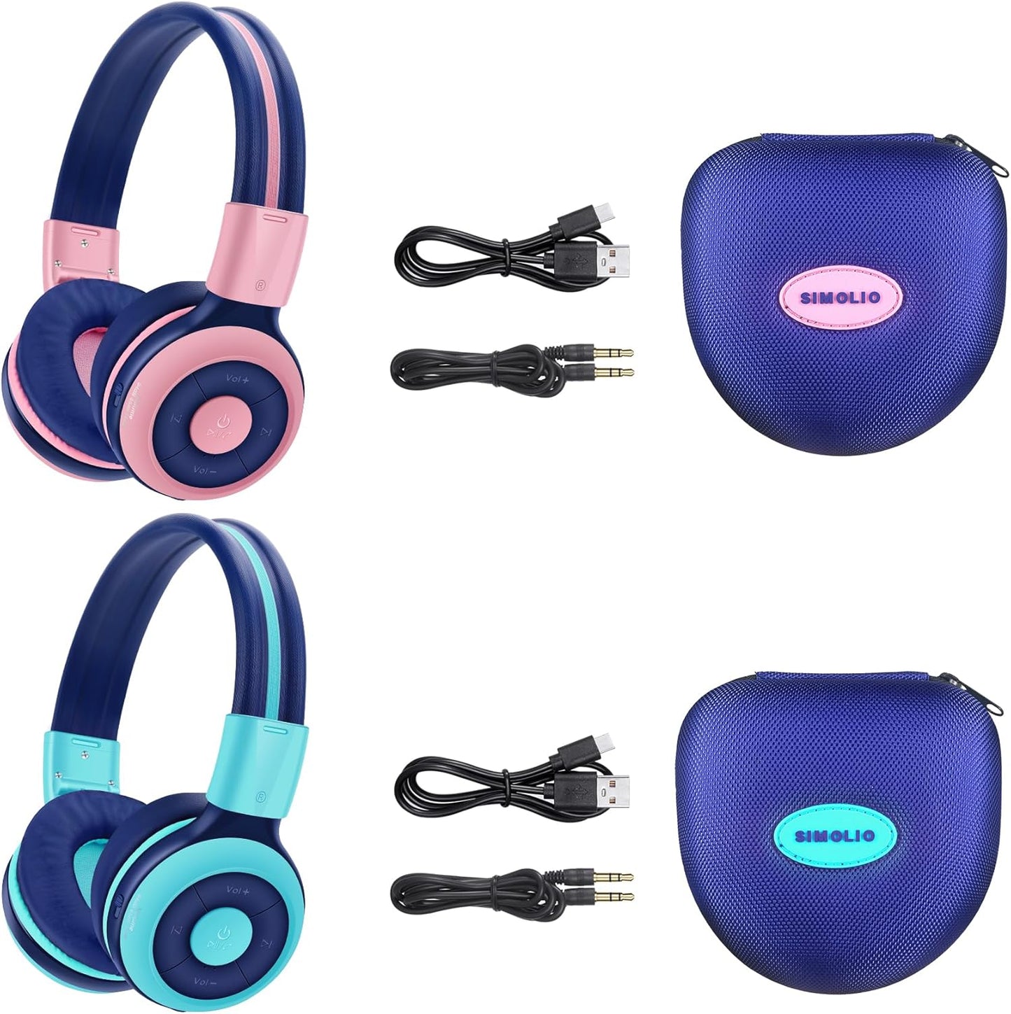 Wireless Kids Headphones 2 Pack, Volume-Limit 75/85/94dB, Mic & Case, Share Jack, Pink+Mint