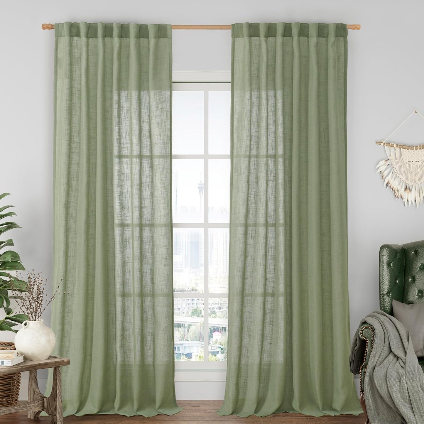 Sage Green Linen Curtains for Living Room, 84 in Length, 2 Panels