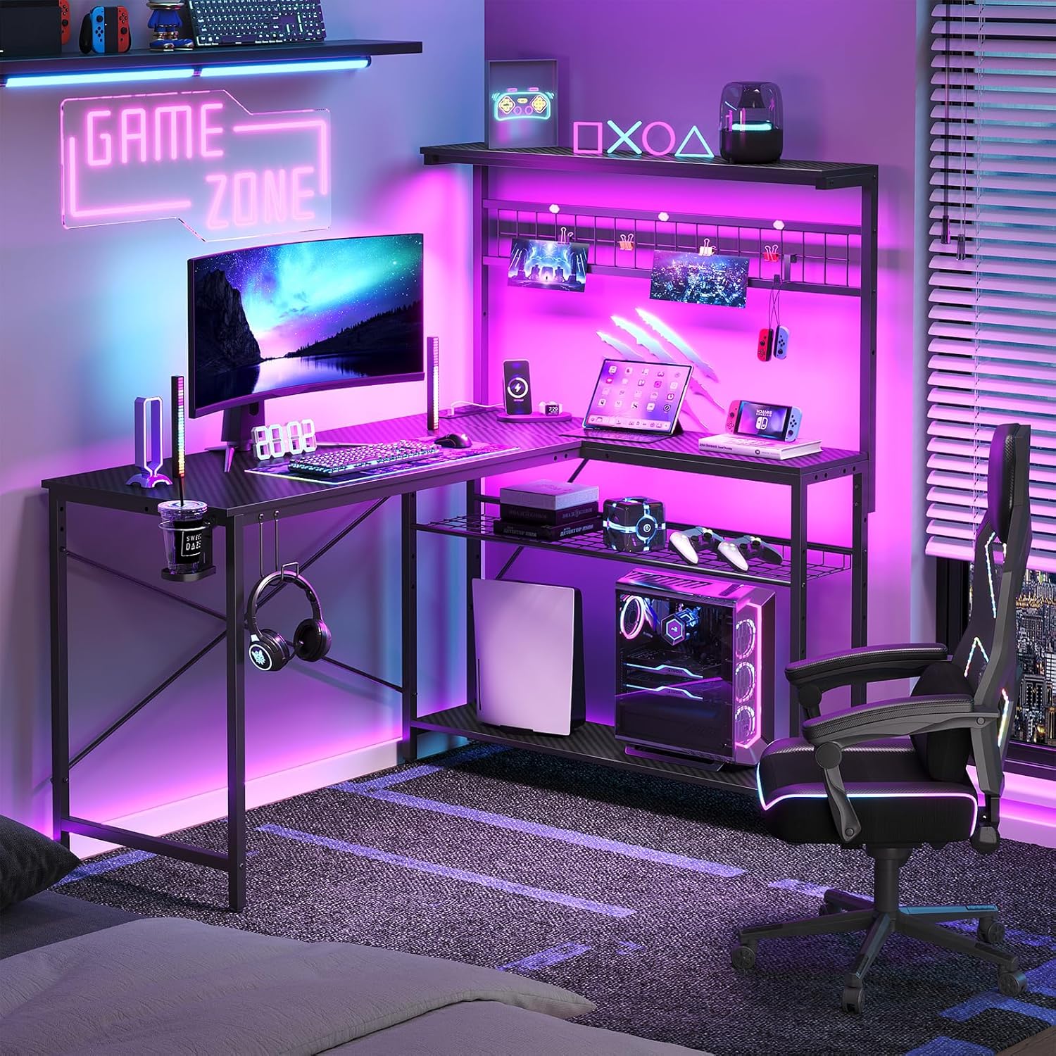Bestier L-Shaped Gaming Desk with Power Outlets & LED Lights