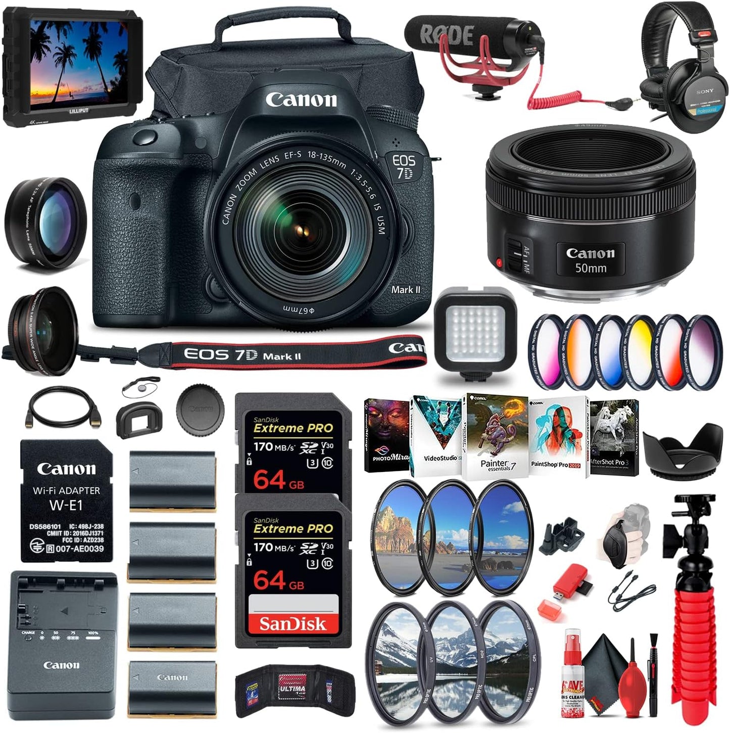 Canon EOS 7D Mark II DSLR Bundle: Wi-Fi, 4K Monitor, Lens, Mic, Headphones & More!