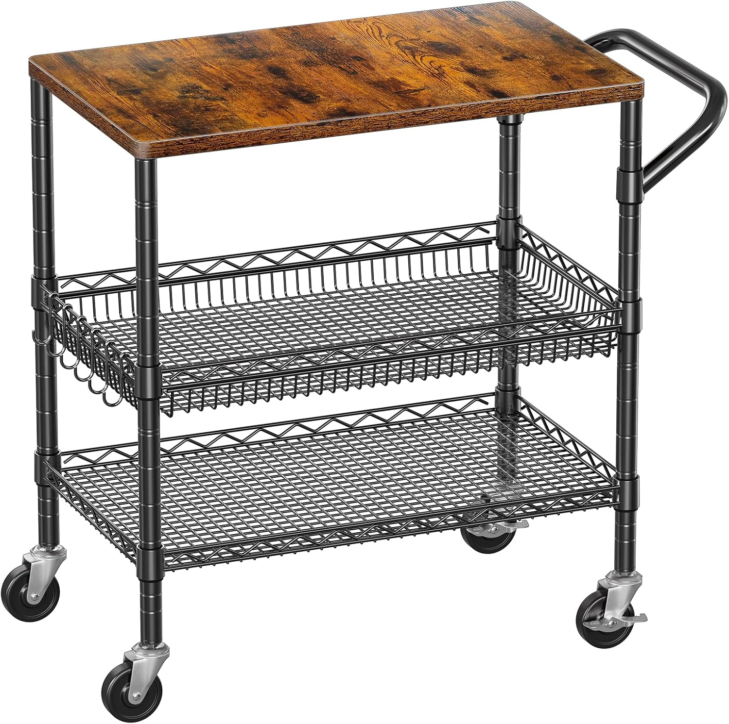 WDT 3 Tier Rolling Utility Cart with Wood Top and Wheels