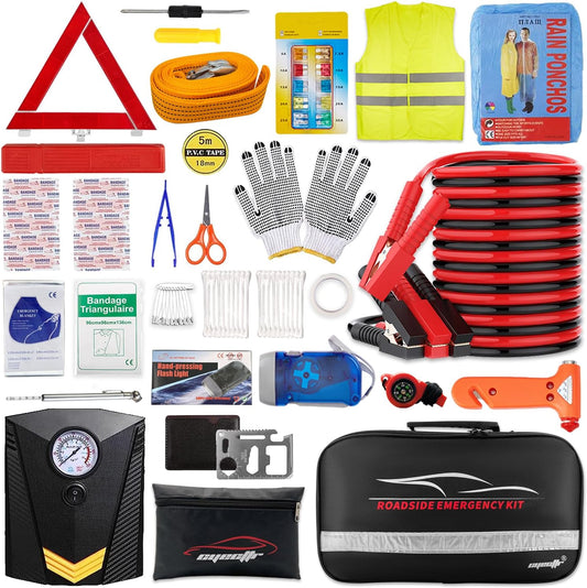 Roadside Emergency Kit with Jumper Cables and Air Compressor