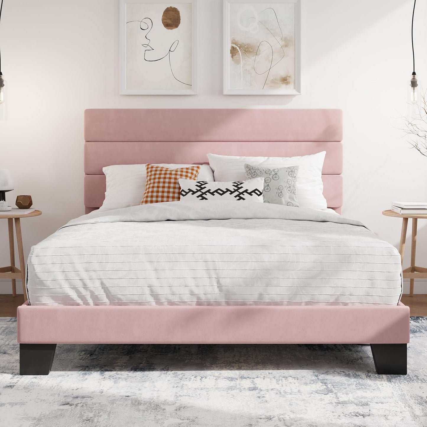 SHA CERLIN Full Platform Bed Frame with Velvet Headboard