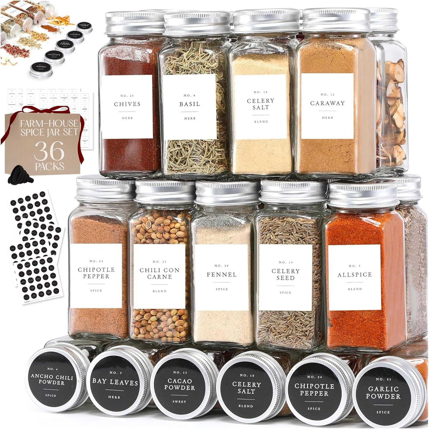 Glass Spice Jars with Labels and Metal Lids for Kitchen Use