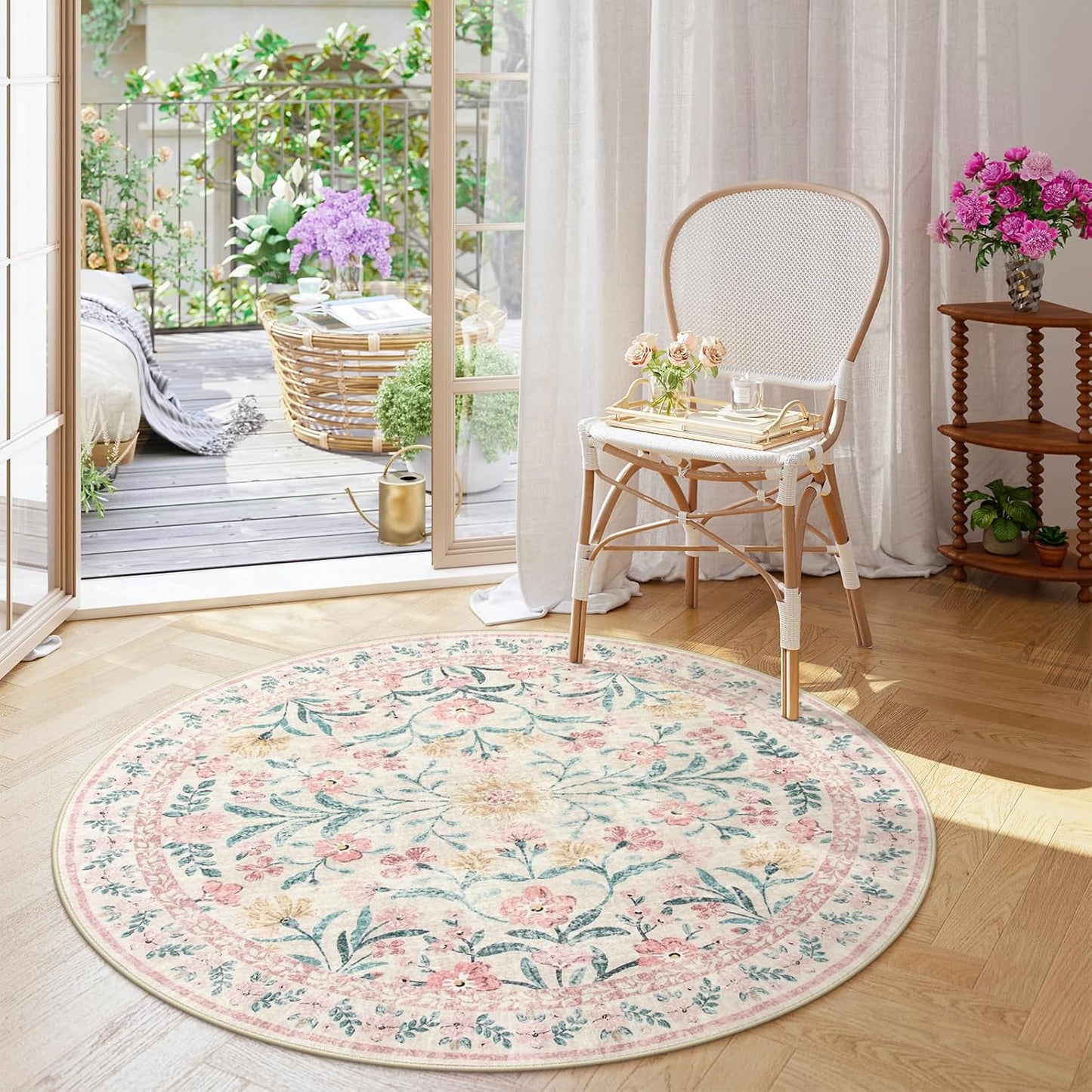 Wonnitar Washable Round Rugs 6ft Pink Floral Circle Rug