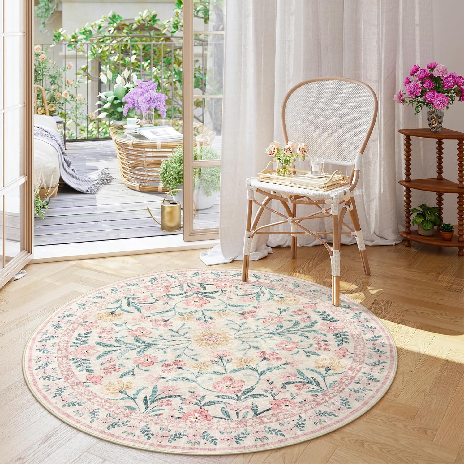 Wonnitar Washable Round Rugs 6ft Pink Floral Circle Rug