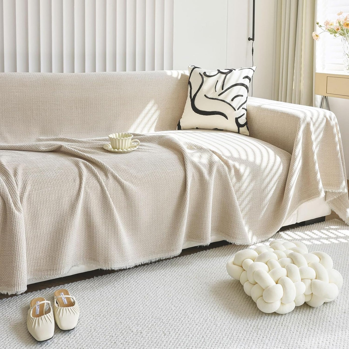 HANDONTIME Corduroy Sofa Cover Light Khaki for Sectional Sofa