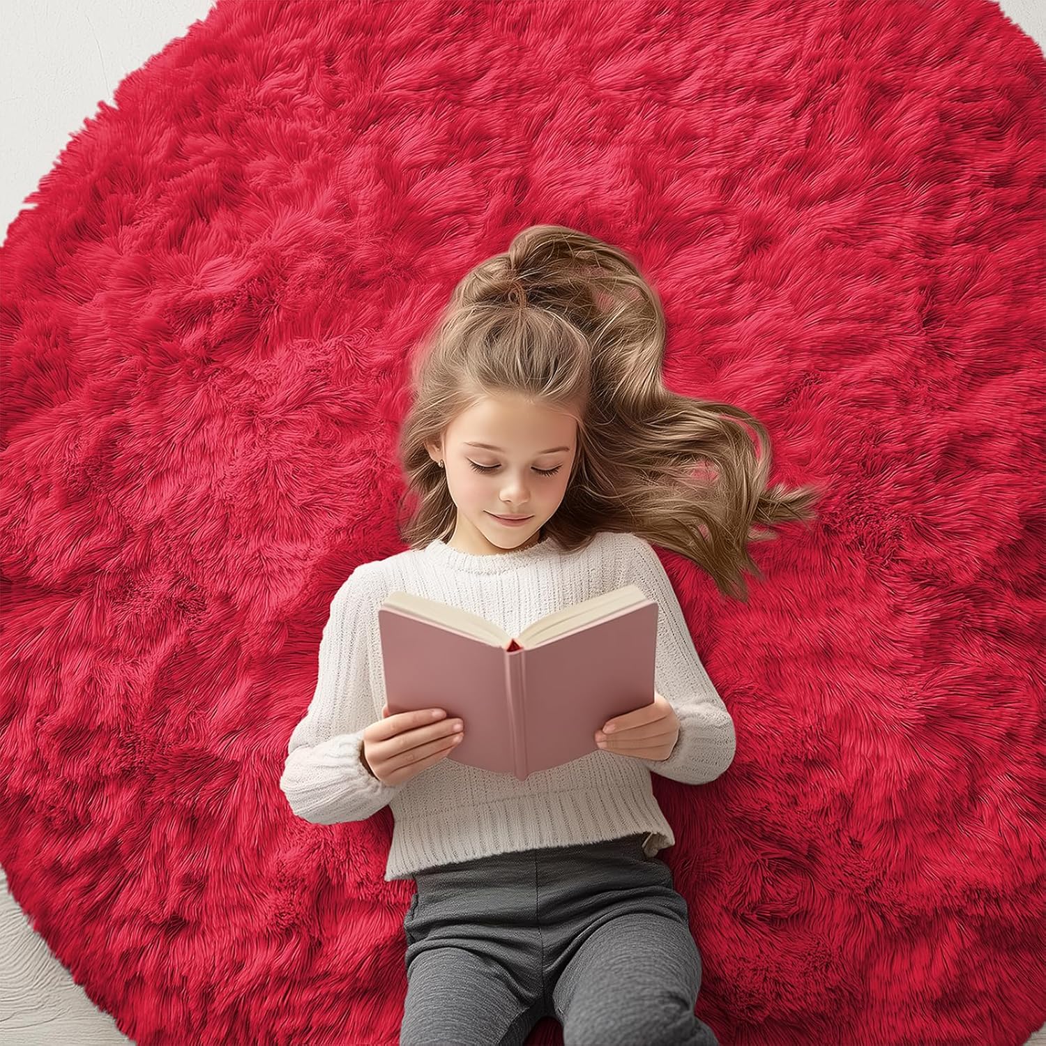 OLANLY Red Round Rugs for Bedroom - Soft and Fluffy Carpet