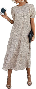 Summer Floral Boho Midi Sun Dress - Flowy Puff Sleeve