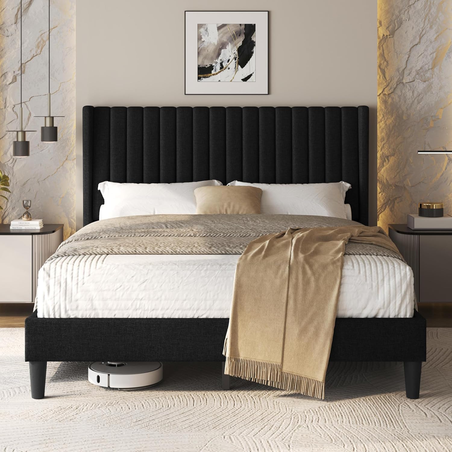Yaheetech Queen Bed Frame with Upholstered Headboard Design