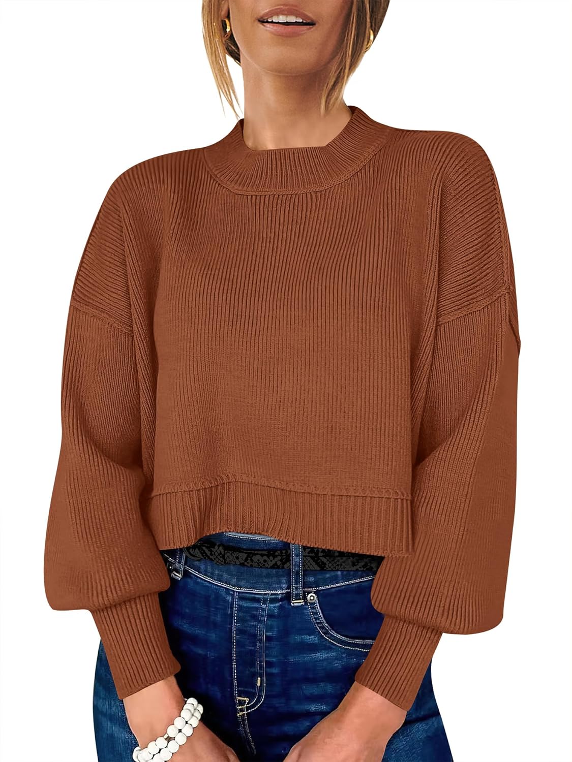 Womens Cropped Sweaters Oversized Crewneck for Fall Fashion