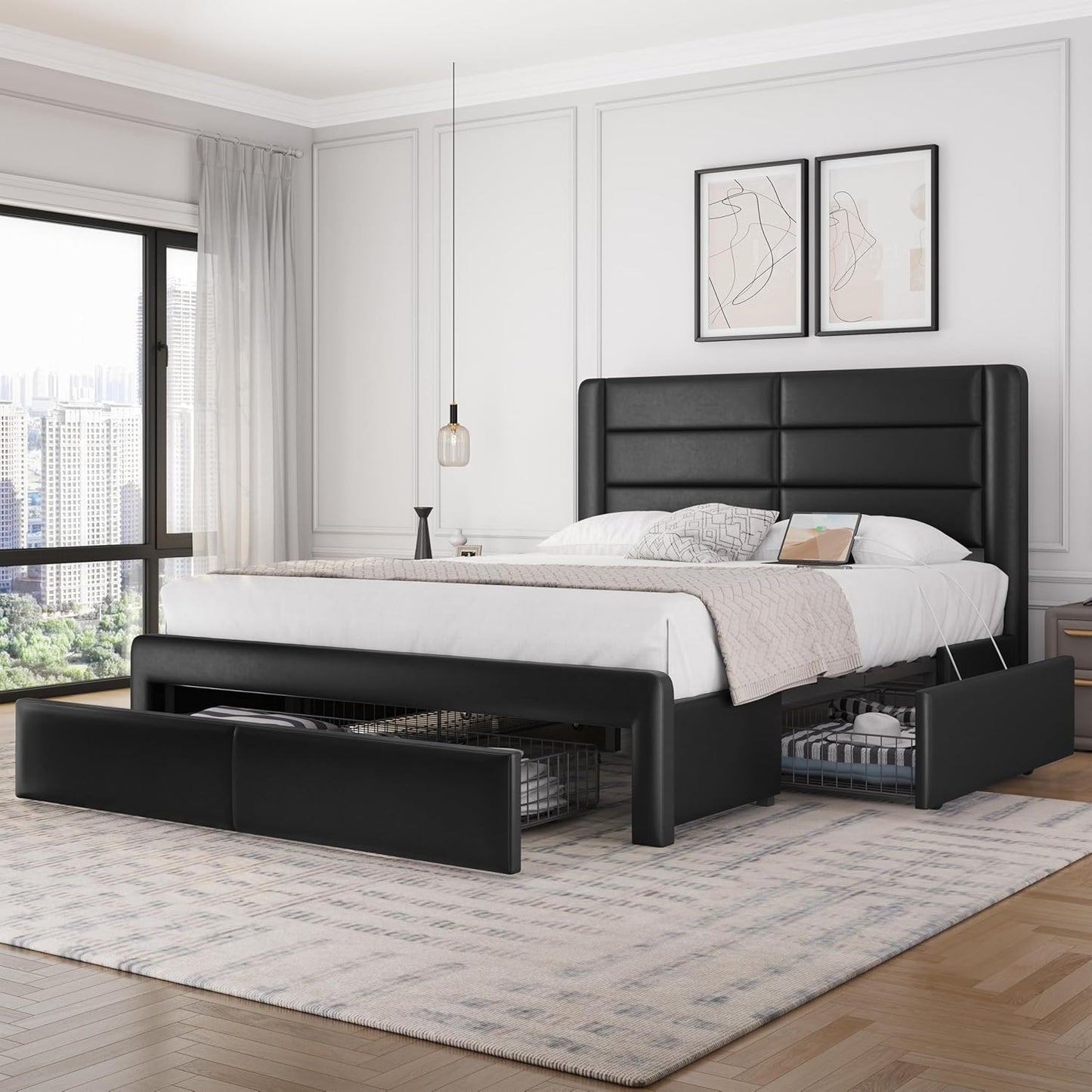 Yaheetech Full Size Bed Frame with USB Charging and Storage