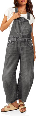 Womens Denim Bib Overalls Barrel Leg Adjustable Strap Jeans