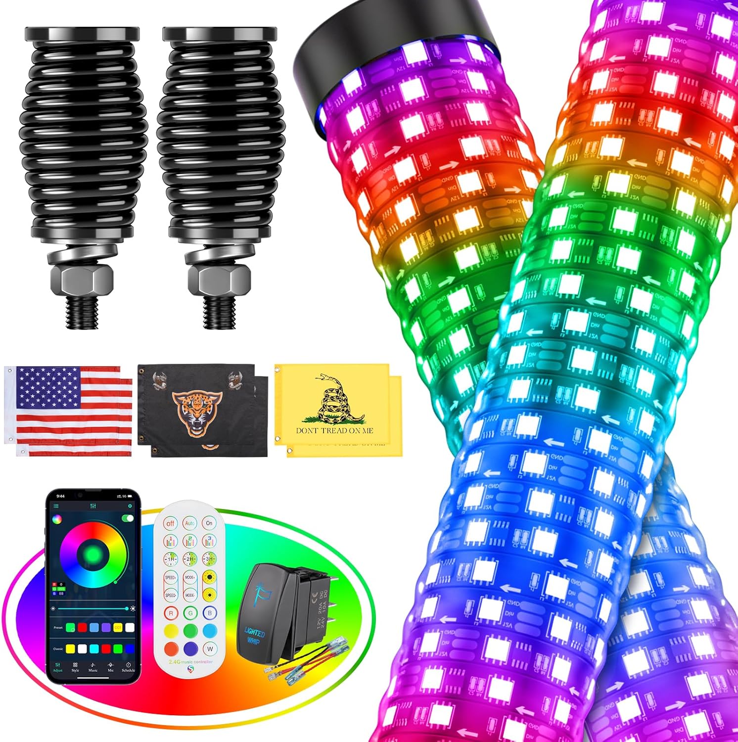2PCS 4FT Fat Whip Lights for UTV ATV with Remote Control