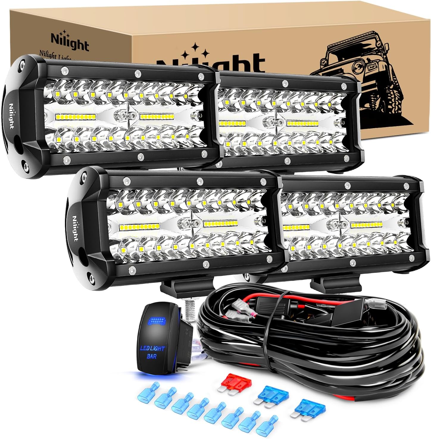 Nilight LED Pods 4PCS 6.5 Inch 120W Light Bar Combo Driving Lights