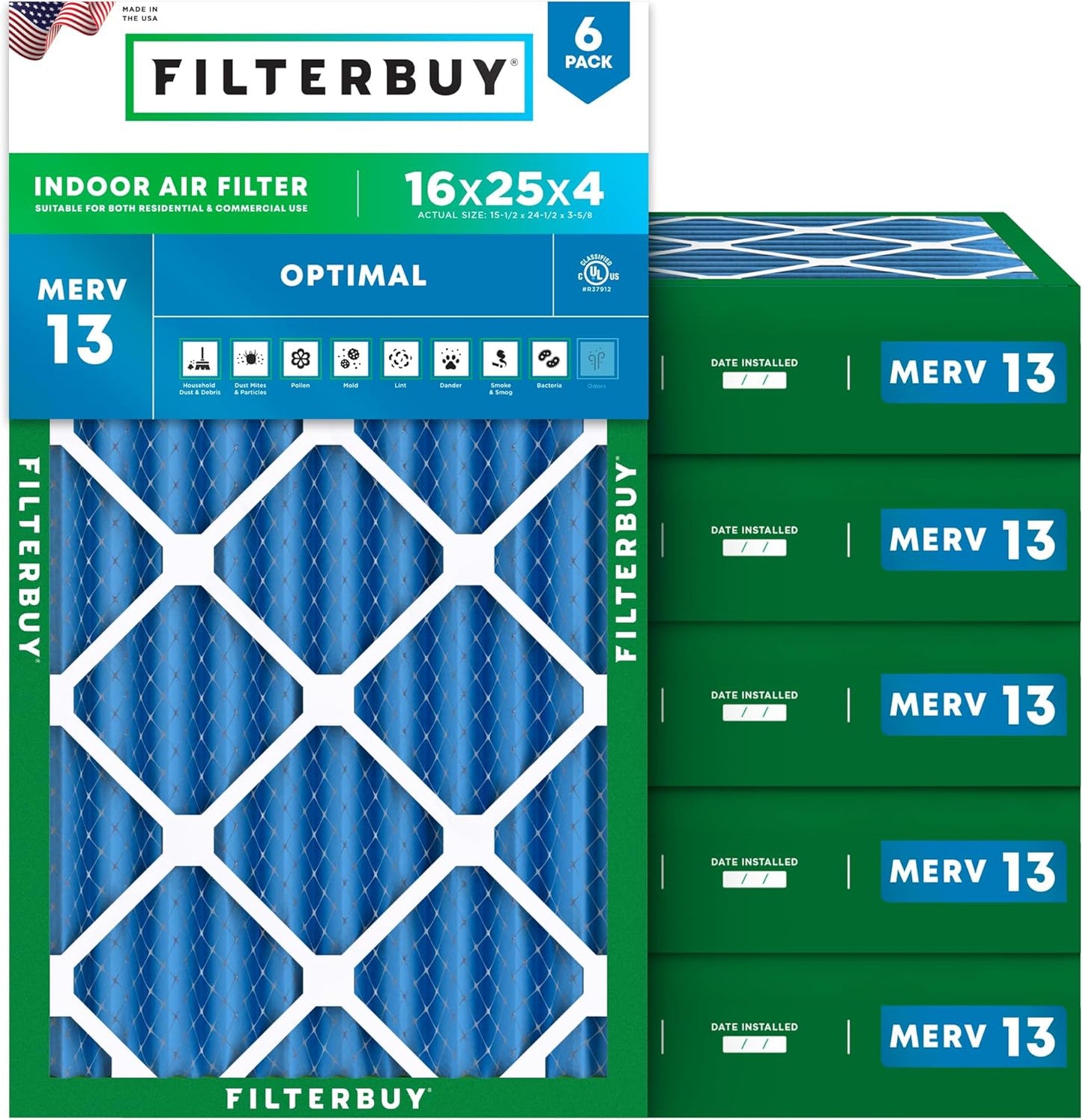 Filterbuy 16x25x4 Air Filter MERV 13 for Smoke & Allergy Defense