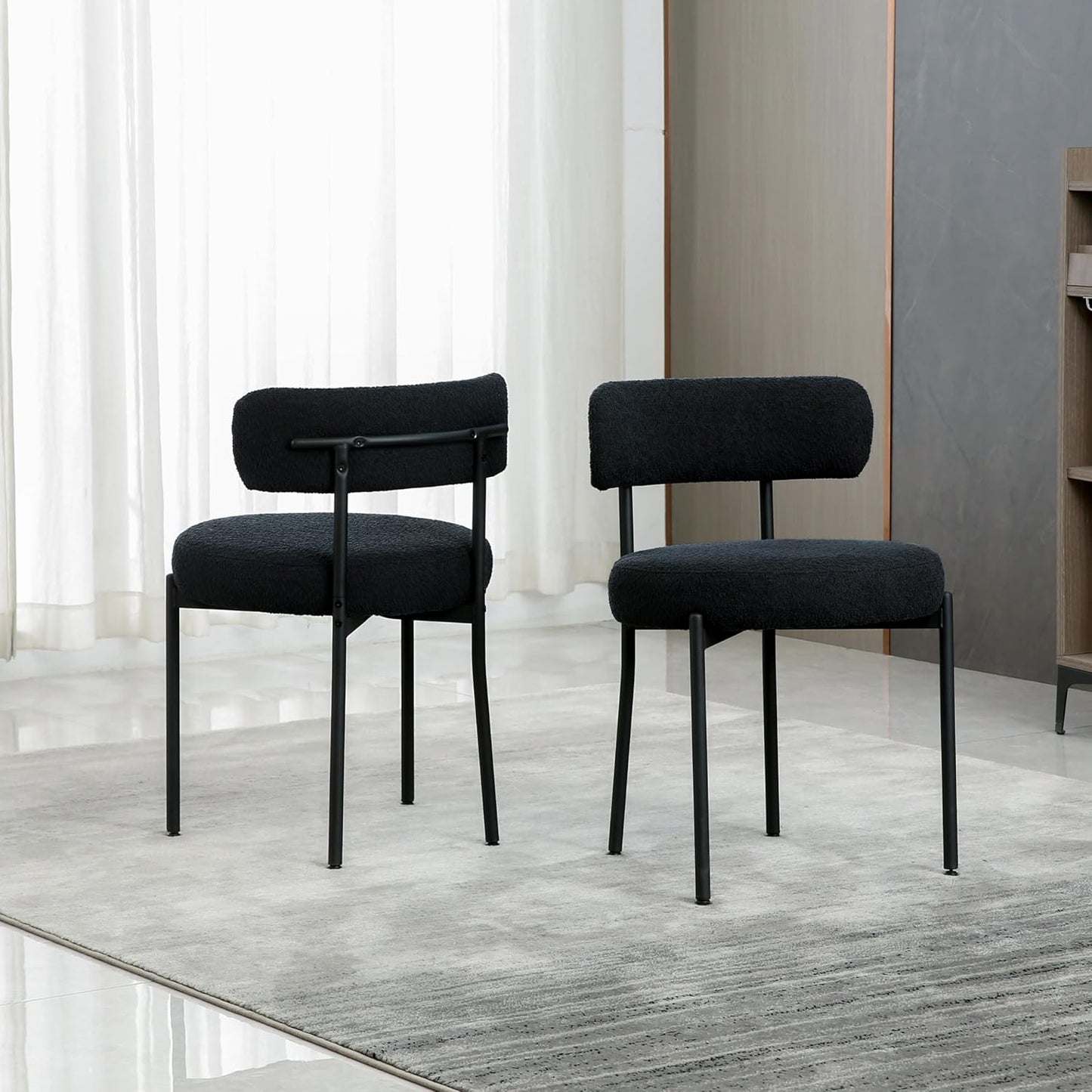 Mid Century Modern Black Boucle Dining Chairs Set of 2 for Comfort