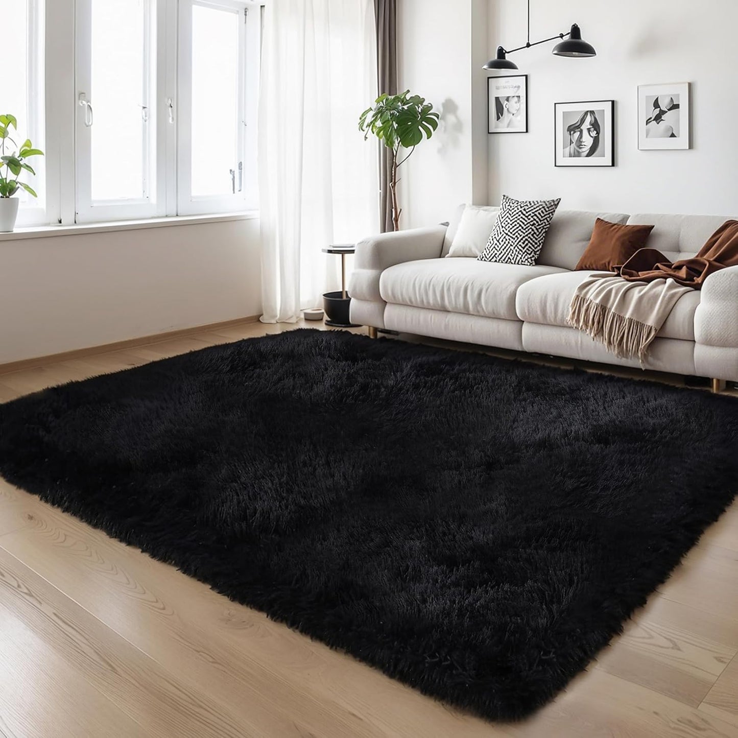 KCHOWUA Thick Area Rug Black Fluffy Shag 5x8 for Cozy Spaces