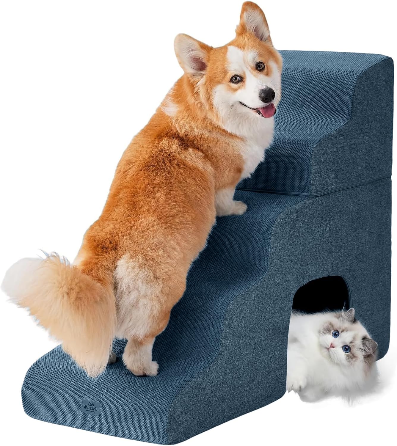 Navy Blue Curved Dog Stairs Ramp for High Beds - 5-Step Design