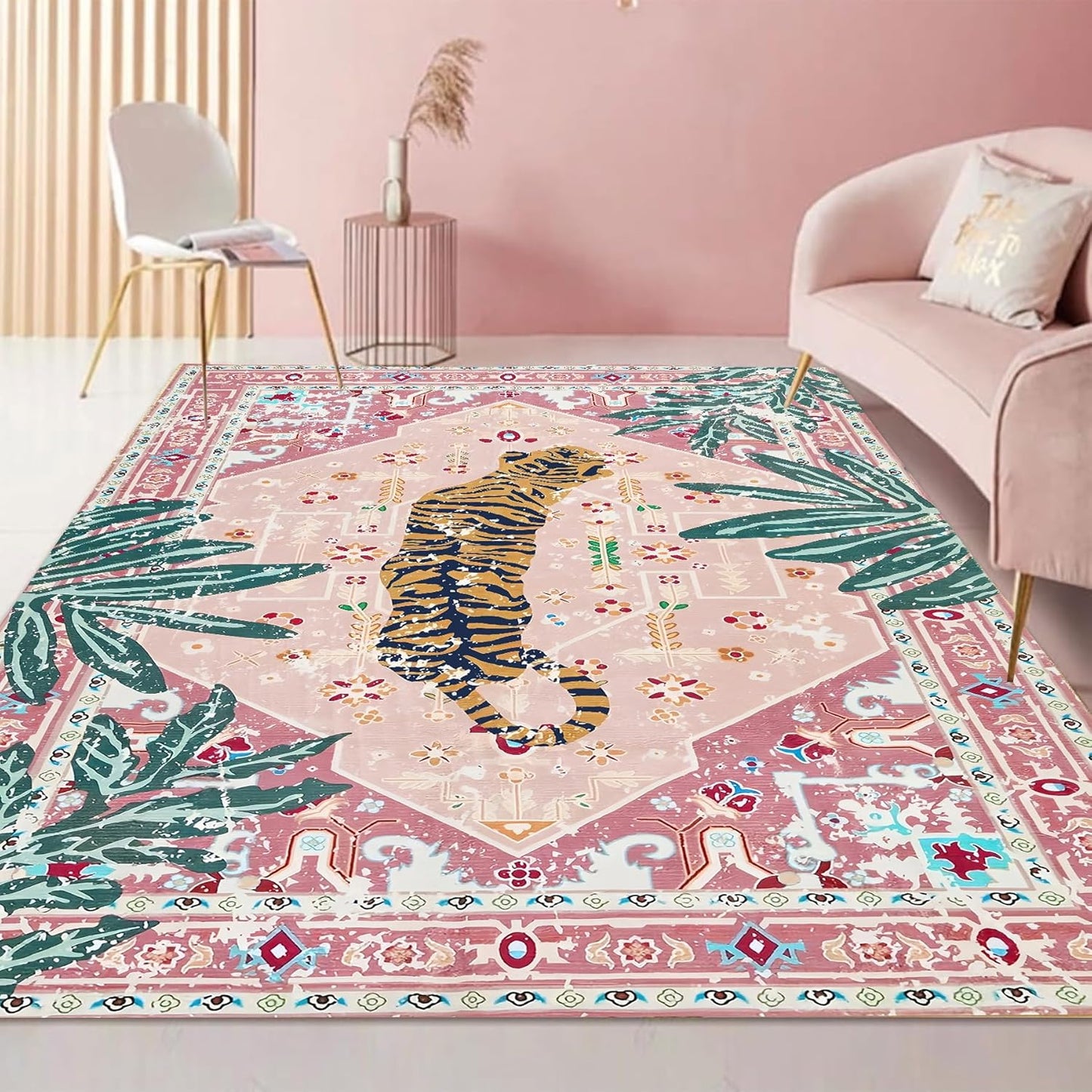 Pink Rug 4x6 Ultra Soft Vintage Print Tropical Carpet for Home